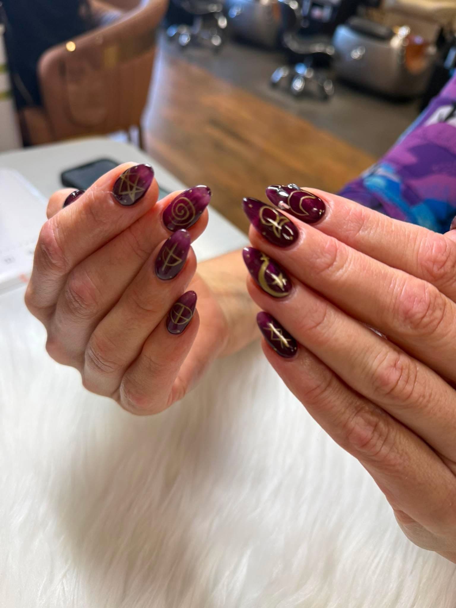Glossy Plum Celestial Almond Nails | Nail Salon Albany CA