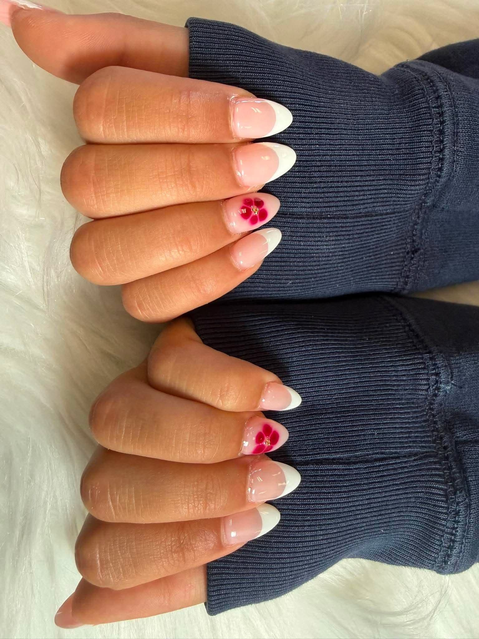 Glossy Floral French Almond Nails | Albany CA Nail Salon